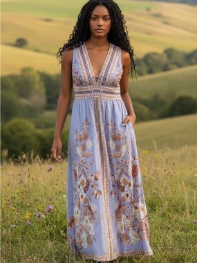 Caroline Constas Tuckernuck Lavender Linen Maxi Dress Cream Rust Floral Print